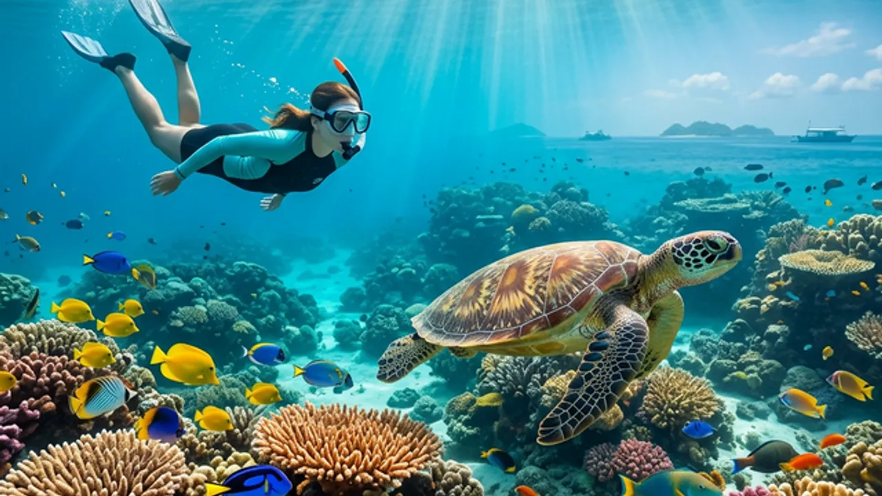 Snorkelling with sea turtles in Lakshadweep's vibrant coral reef, surrounded by tropical fish