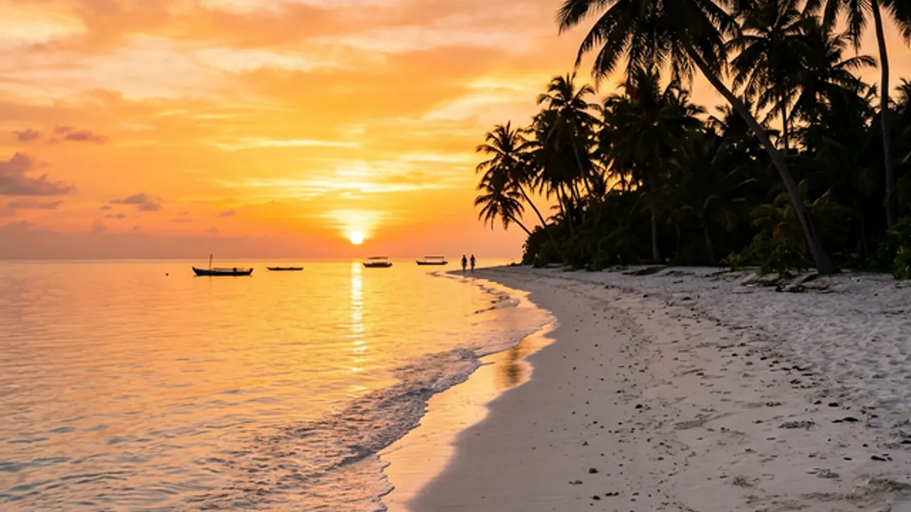 Golden sunset on Bangaram Island beach with palm tree silhouettes and calm Arabian Sea