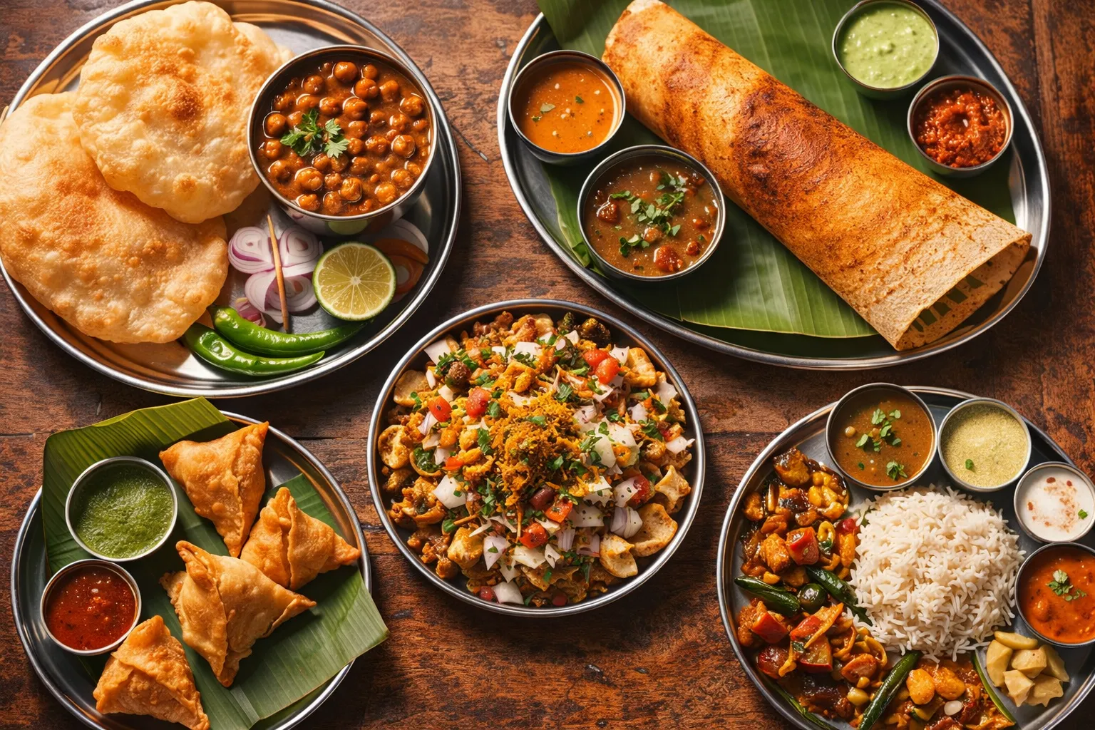 Affordable Indian street food — thali, dosa, and chole bhature