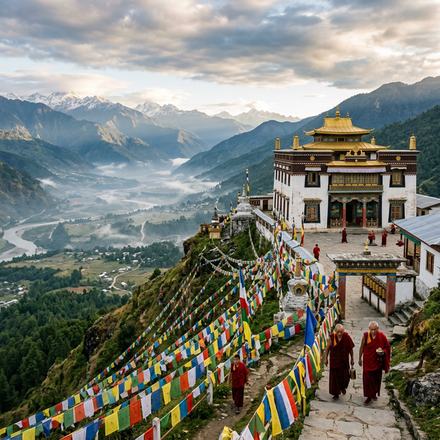 Samten Yongcha Buddhist Monastery — prayer flags and mountain panorama