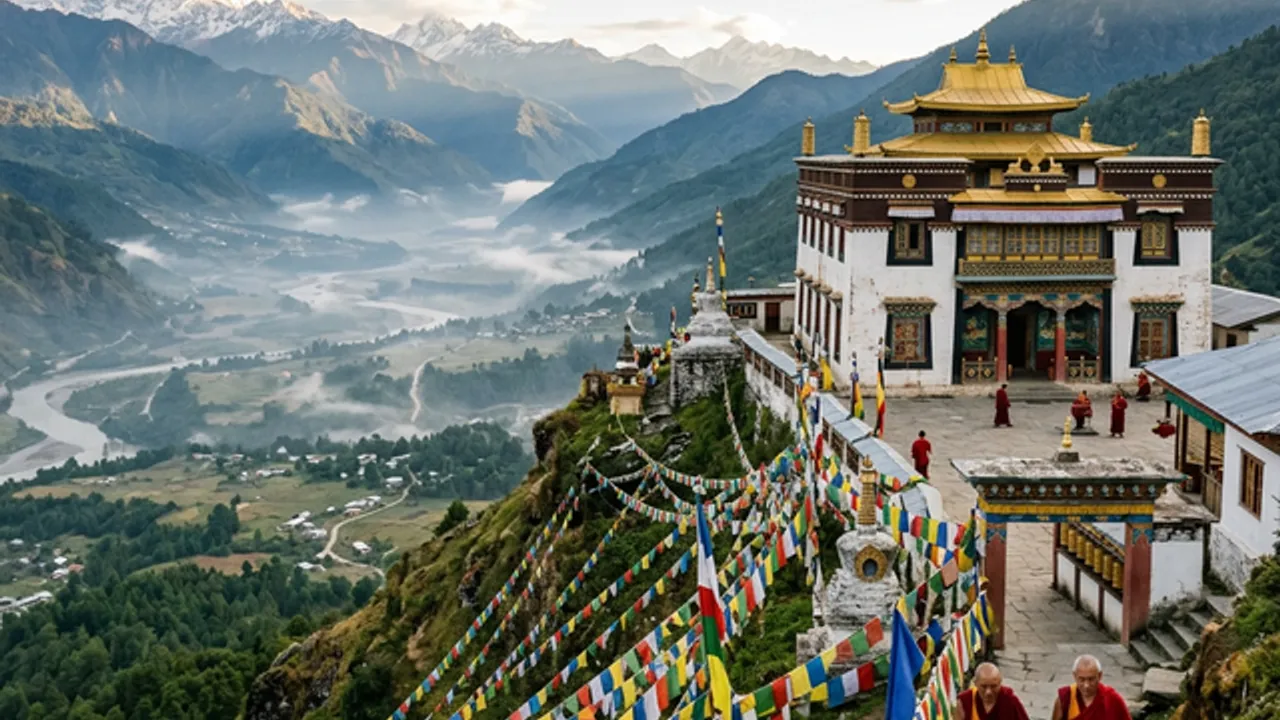 Samten Yongcha Buddhist Monastery — prayer flags and mountain panorama