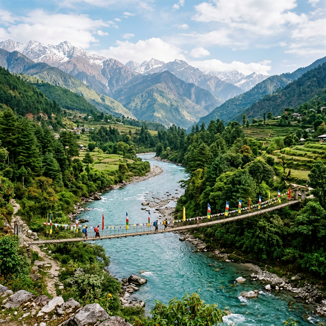 Siyom River with suspension bridge, Mechuka Valley
