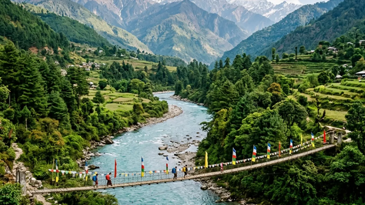 Siyom River with suspension bridge, Mechuka Valley