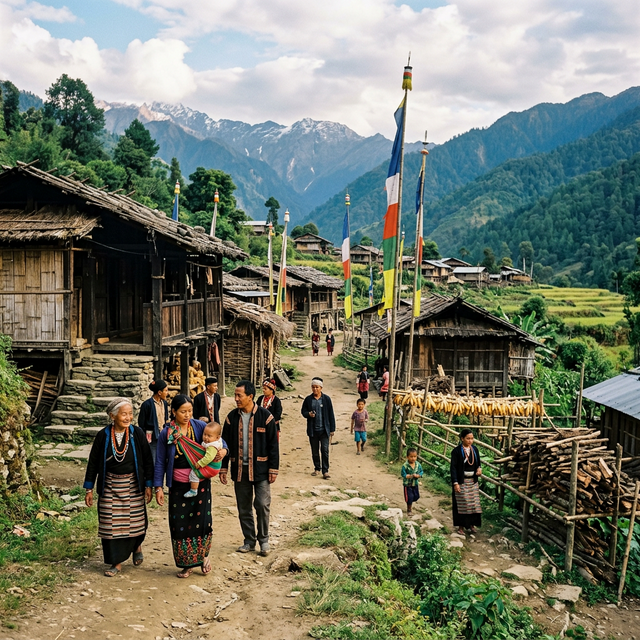 Memba tribal village in Mechuka — traditional homes and community life