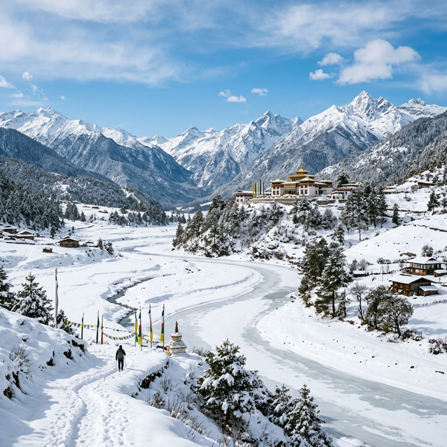Mechuka in winter — snow-covered valley with monastery and frozen river