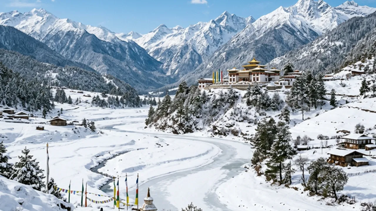 Mechuka in winter — snow-covered valley with monastery and frozen river